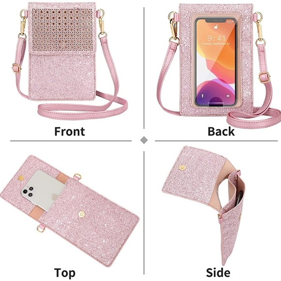 LAST ONE! Cellphone Crossbody Bag PU Leather NEW Pink Glitter - Picture 4 of 7